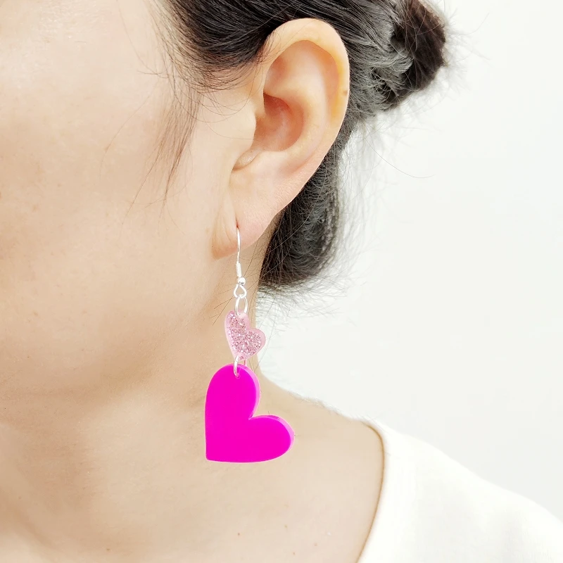 Hot Pink Heart Drop Earrings For Women | Long Glitter Acrylic Statement Earrings, Cute Gift For Valentine’s Day & Birthdays - View #10