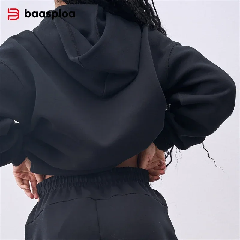 바스플로아 여성 후드 스웨트셔츠 신상 패션 솔리드 컬러 포켓 루즈 풀오버 탑 여성 캐주얼 긴팔 후디