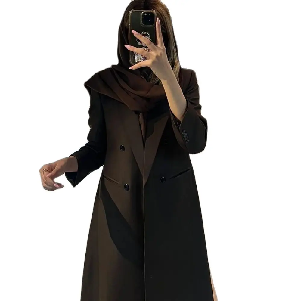 High Quality Solid Color Luxury Women Blazer Double Breasted Peak Lapel Long Female Clothing Dubai Muslim Abayas Outerwear 2
