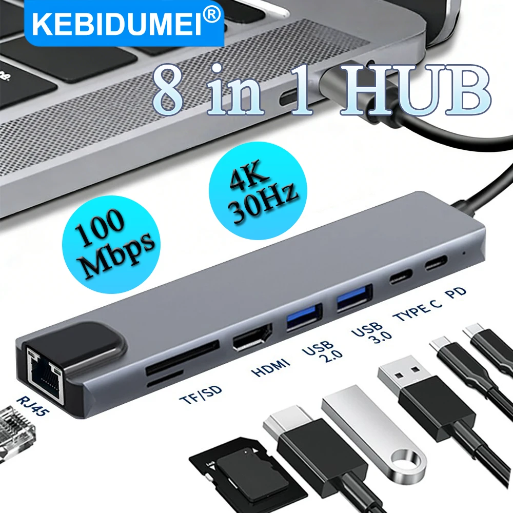 USB C Hub 8-in-1 PD 100W Docking Station with Multiport 4K Output
