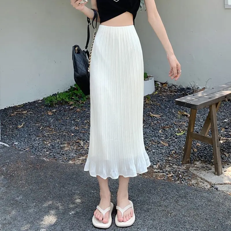 Women's Clothing Elegant Bag Hip Skirts High Waist Elastic 2024 Summer Fashion Folds All-match Commute Solid Color Midi Skirts