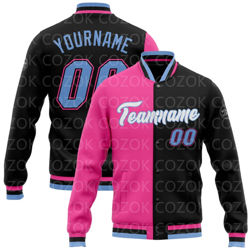 Custom Pink Mix 3D Printed Baseball Button Jacket Bomber Full-Snap Varsity Letterman Jacket