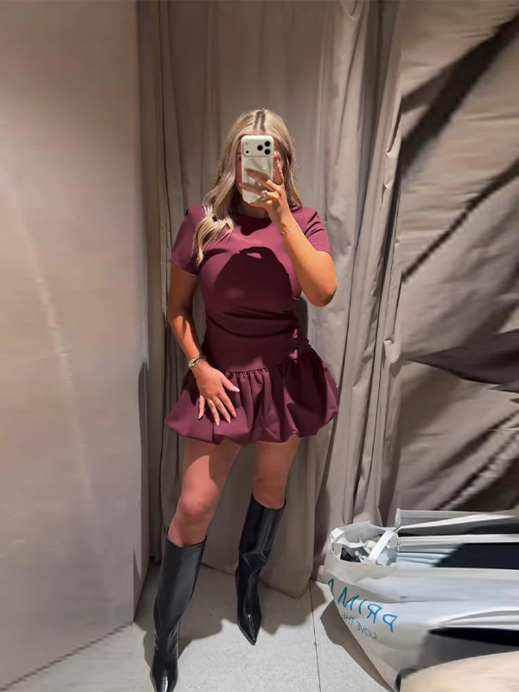 Kurzärmliges Ballon-Plissee-Minikleid für Damen, Rundhals-Abendkleid mit Taillenschnürung, Schlankes Cocktailkleid, Frühlings-Chic-Damenrobe – Detail 19