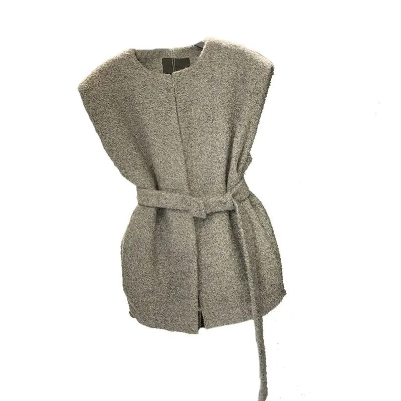 Spring Autumn New Women's Solid Color Crew Neck Zipper Sashes Fashion Simplicity Casual Loose Mid Length Version Vest Tops