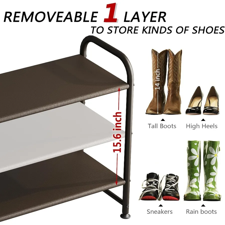 Shoe Rack 3 Tier Long Storage Organizer Wide Metal Shoe Shelf for Closet Entryway Brown