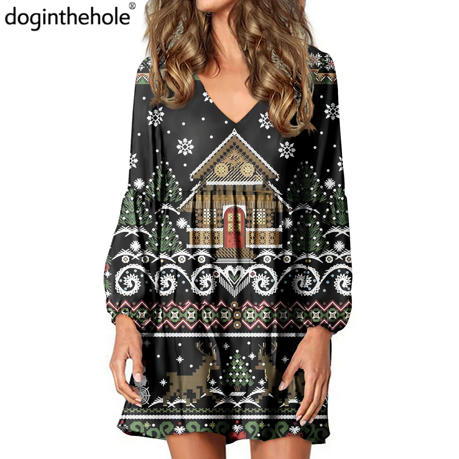 

Doginthehole Fashion Women's V-Neck Tunic Dress Tribal Christmas Pattern Lady Ruffle Dress Casual Loose Puff Sleeves Vestidos