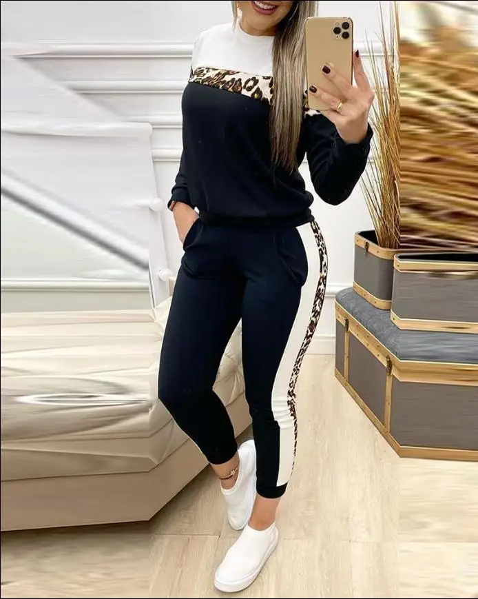 Summer Cheetah Printed Color Block Top and Pants Set Leopard Print Casual Long Sleeved Round Neck Set Hoodie Patchwork Leggings