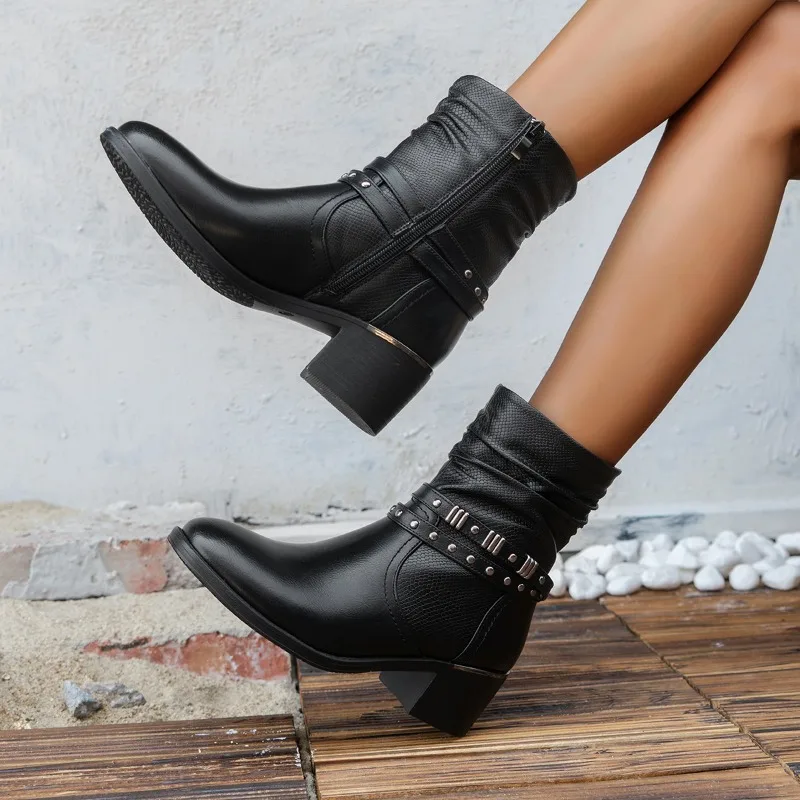 2023 High Quality Shoes for Women Autumn Short Tube Women's Boots Solid Color Round Toe Zipper Chunky Heel Zapatillas De Mujer