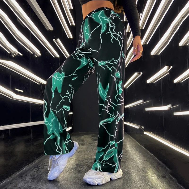 

Y2k Hip Pop Pants Women Casual Loose Lightning Print Female Wide Leg Pant 2023 Spring Streetwear Elastic Waist Lady Long Trouser