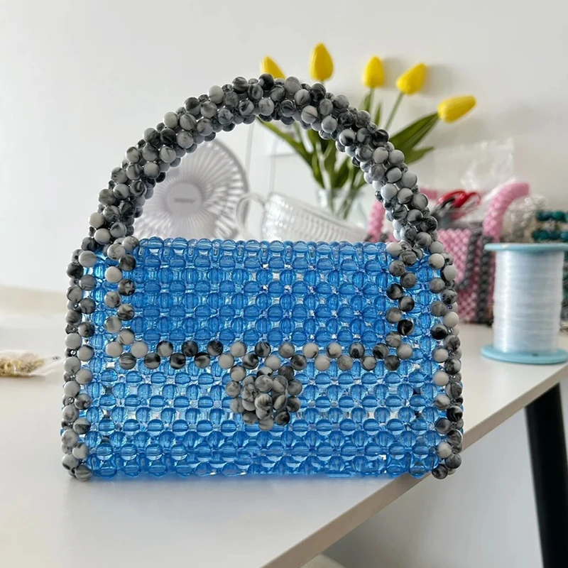 

Customized Ins Acrylic Handwoven Blue Beaded Pearl Women's Bag 2024 New High Quality Flap Evening Fashion Handbags for Women