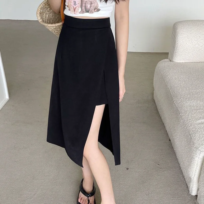 

Women Mid-calf A-line Skirt High Waist Korean Style Side-slit Suit Skirts Summer Elegante All-match Streetwear Female Plus Size