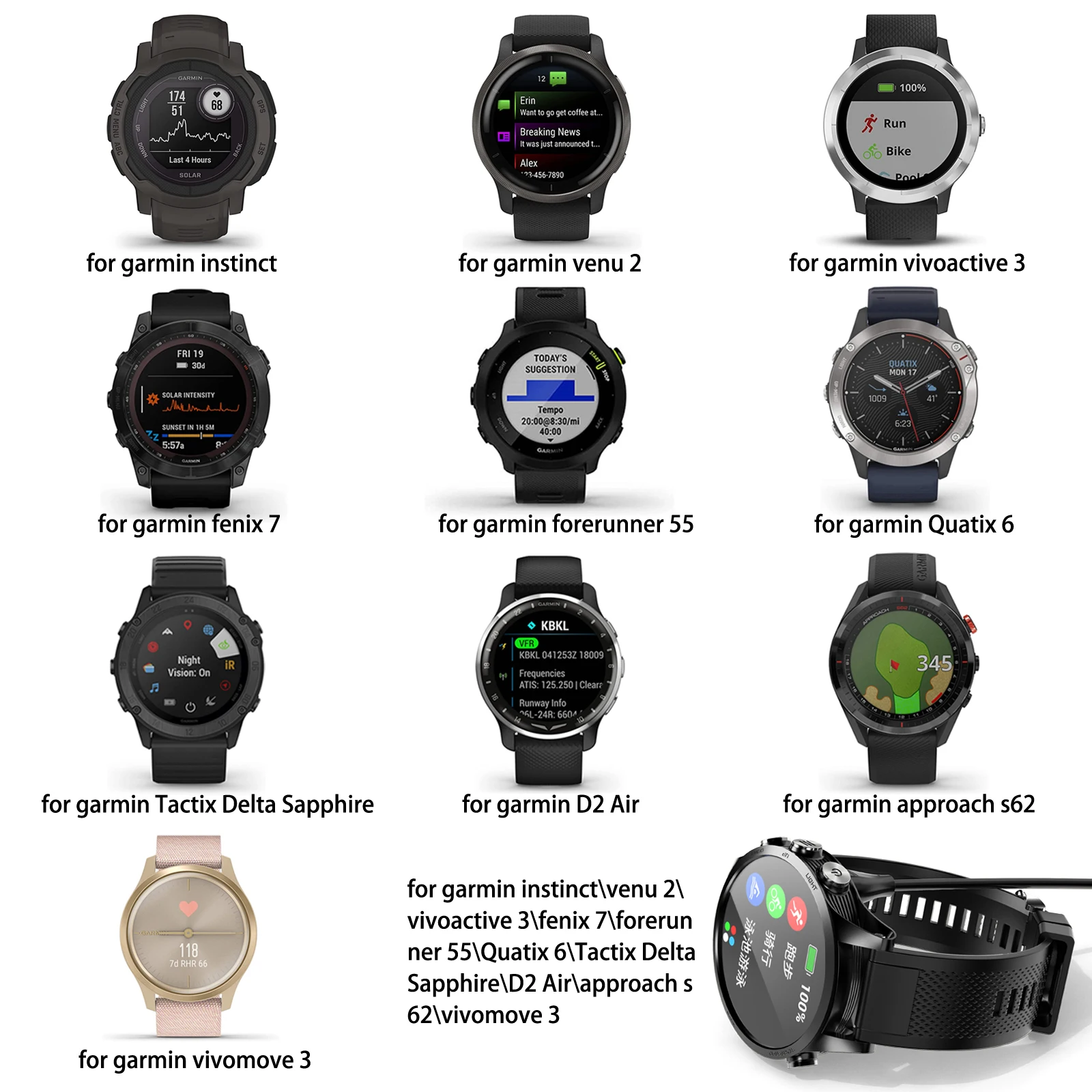 รูปสินค้า 2 pcs/1 ชิ้น/ล็อต USB Charger สําหรับ Garmin Instinct/Venu 2/Vivoactive 3/Fenix 7/Forerunner 55/Quatix 6/D2 Air/Vivomove 3 สายชาร์จ