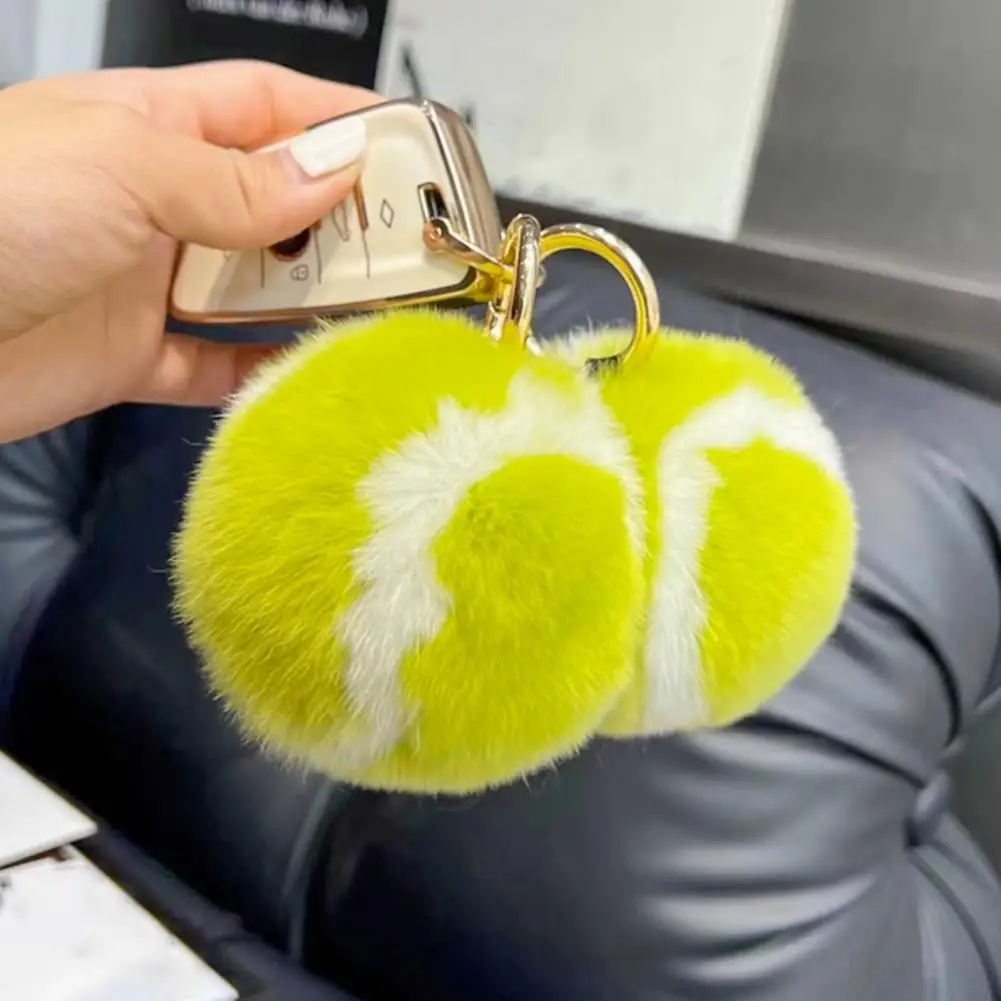 Tennis Ball Keyring Sports Charms Metal Ring Stress Relief Fuzzy Round Squeeze Ball Keychain Pendant Plush Decoration