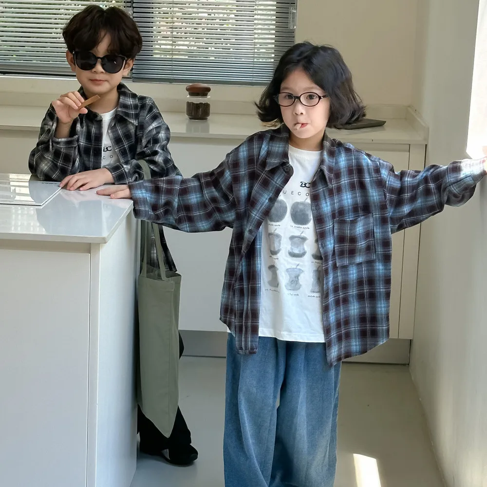 Autumn sibling clothes Korean style Boys and girls Flocking plaid shirts Children's casual all-match loose long sleeve Tops
