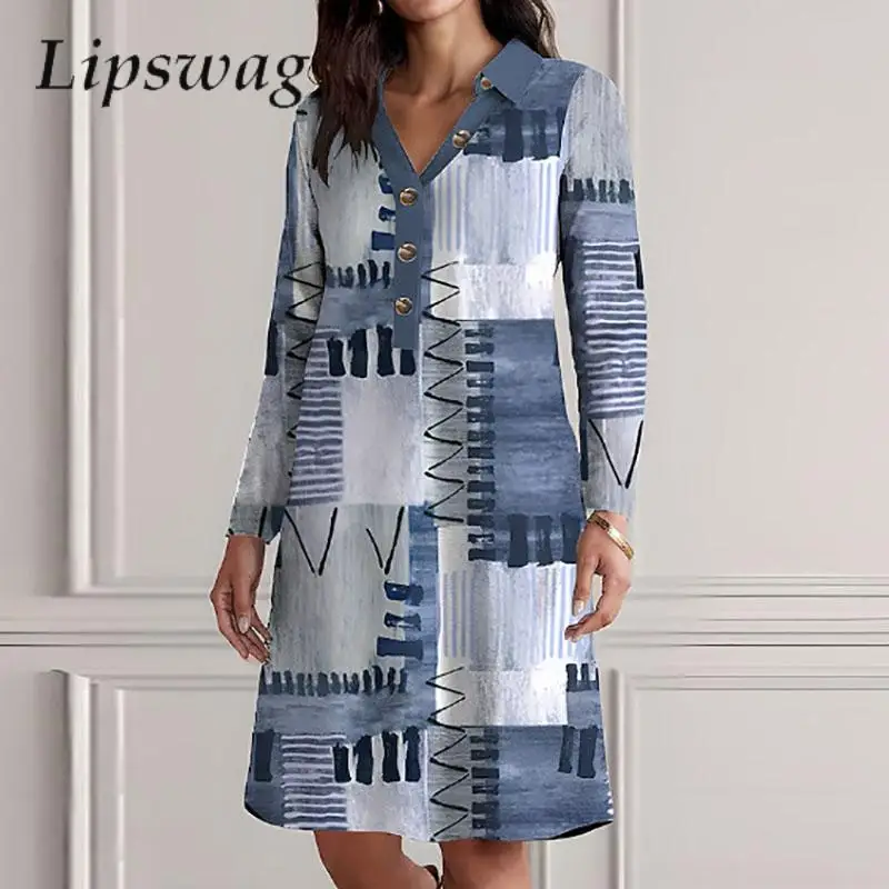

Spring Buttoned V-neck Women Loose Dress Autumn Long Sleeve Pullover Dresses Fashion Vintage Patch Printing Female A-Line Dress