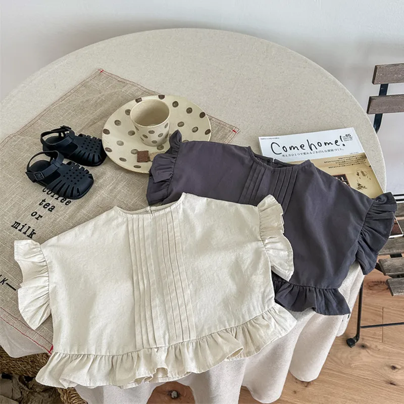 deer jonmi Summer Korean Style Baby Girls Cotton Ruffles Blouses Solid Color Puff Sleeve Tops Toddlers Kids Casual Shirts