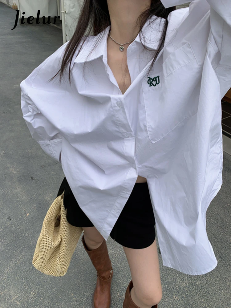 

Jielur New Simple Loose Solid Color Women Shirt Casual White Embroidered Korean Shirt Female Summer Basic Fashion Top Woman