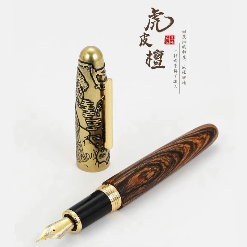 jinhao-brown-e-golden-handmade-penna-stilografica-in-metallo-e-legno-tiger-tappo-in-rilievo-05mm-pennino-scrittura-confezione-regalo-set-di-penne