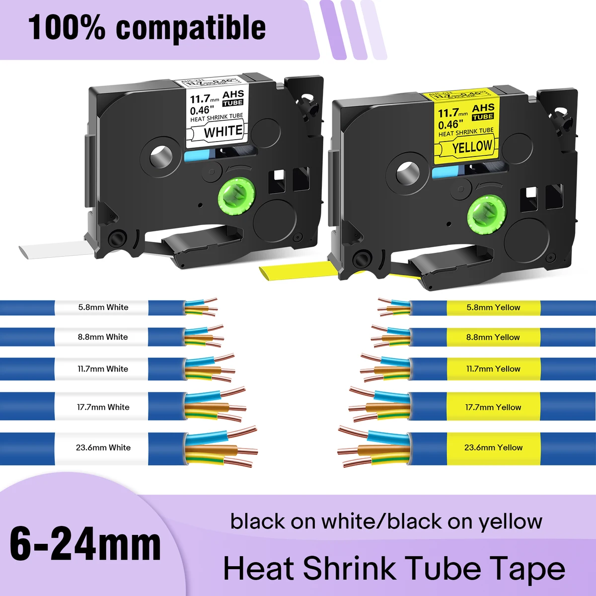 Cruxer Heat Shrink Tube Tape Compatible for Brother HSE-231 HSE-631 251 241 Tape 6/9/12/18/24mm Ribbon for Brother P-touch Maker — view 2