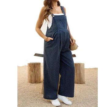 Maternity Overalls Spring/Summer Casual Checkered Jumpsuit Loose-Fit Maternity Overalls