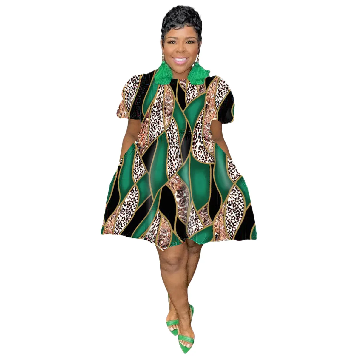 Plus Size Loose Elegant Dress Women Print Puff Sleeve Pretty Cloth Female Casual Wide Gowns 2023 Summer New In Party Dress