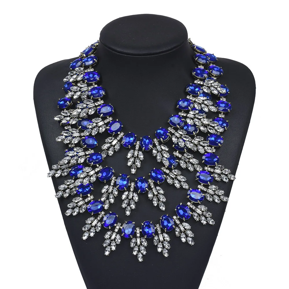 

Costume Jewellery Luxury Indian Large Accessories Multilayer Blue Sapphire Crystal Rhinestone Bib Statement Necklace for Women