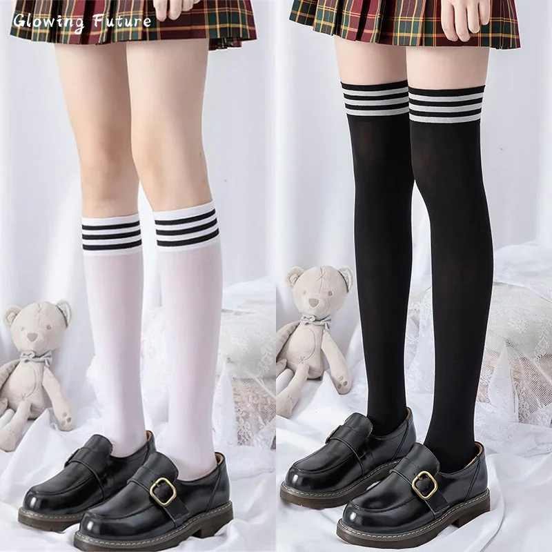 Stockings Lolita Long Socks Women Fashion Sexy Over The Knee Thigh High  носки Kawaii Black White Solid Color Nylon Calf Meias