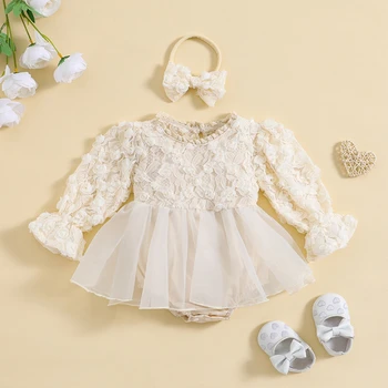 Baby Girls Spring Fall Sweety Bodysuits Dress Long Sleeve Lace Floral Tulle Patchwork Mesh Romper with Headband Clothing