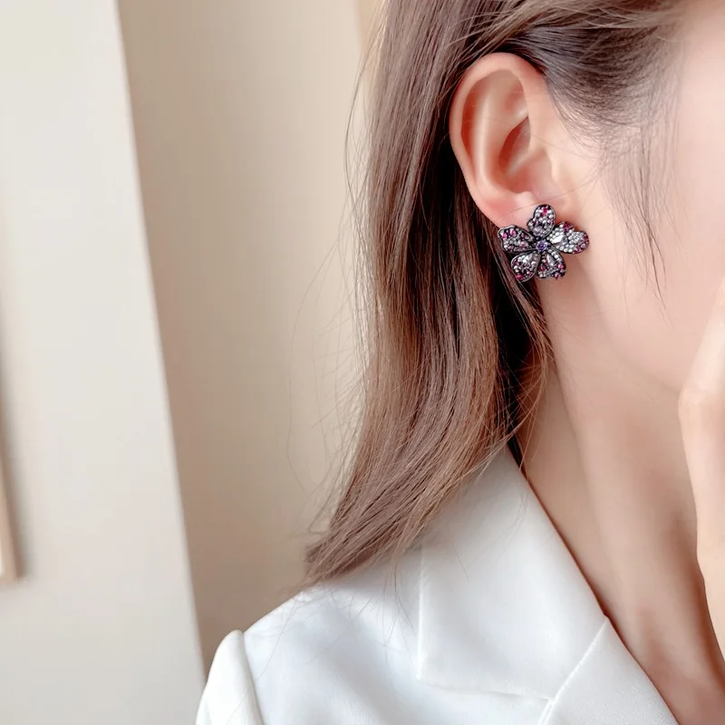 Mystical Vintage Statement Bloom Purple Orchid Flower Stud Earrings for Mothers’ Day Gift Jewelry