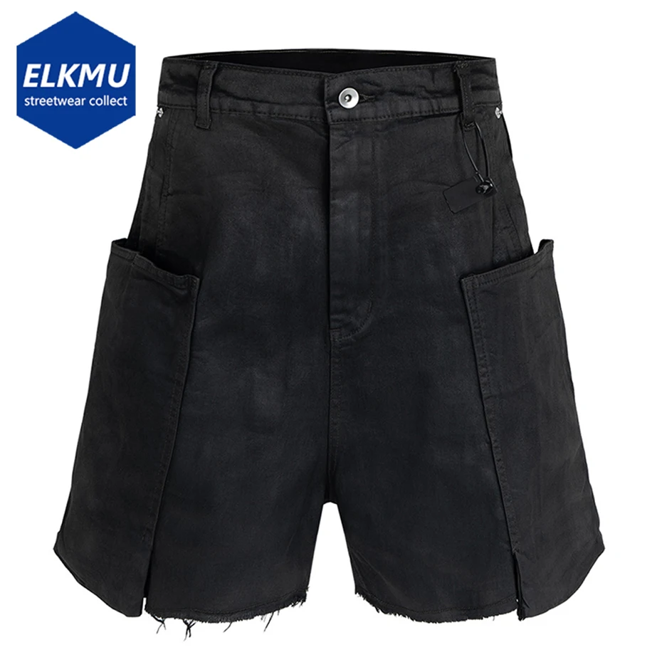 Side Pockets Denim Shorts Men's Summer Loose Casual Jeans Shorts Black Wide Leg for Male