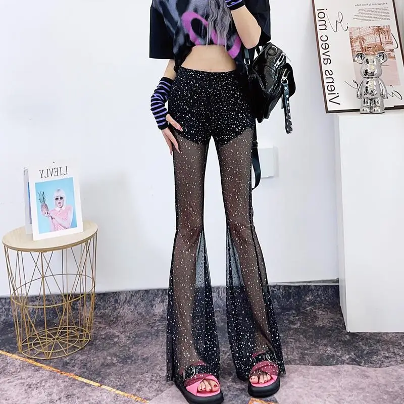 Super Thin Summer Flare Pants for Women High Waist Perspective Hot Drill Sequin Mesh Mopping Floor Casual Straight Long Trousers