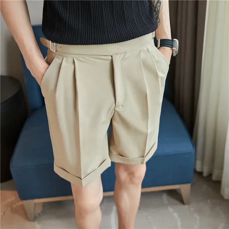British Style Summer Naples Straight Suit Shorts Men 2023 New Slim Fit Business Formal Knee Length Short Pants Hommes Streetwear