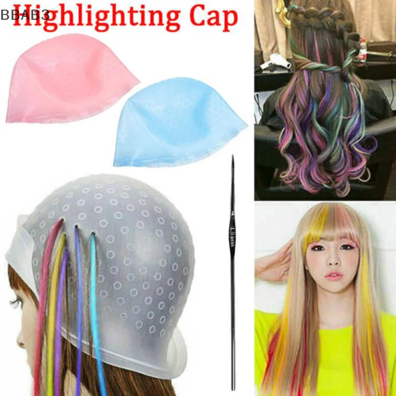 B3 1개 실리콘 헤어 하이라이트 캡 (바늘 포함) 재사용 가능 헤어 컬러링 캡 ..