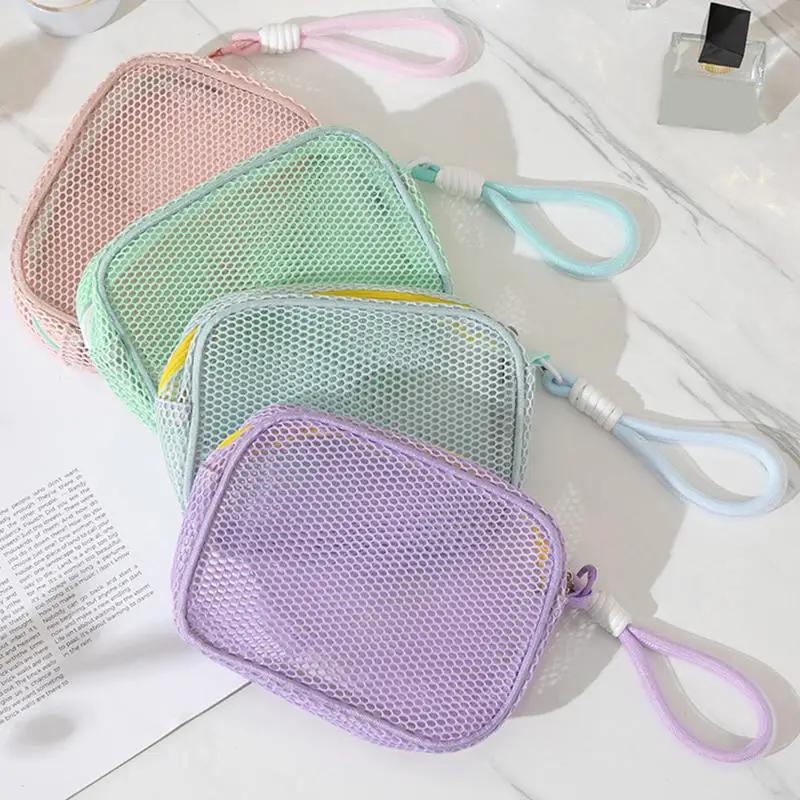 Mesh Cosmetic Bag Portable Travel Makeup Bag Mini Grid Storage Bags Breathable Cosmetic Storage Pouch Compact Size Solid Color