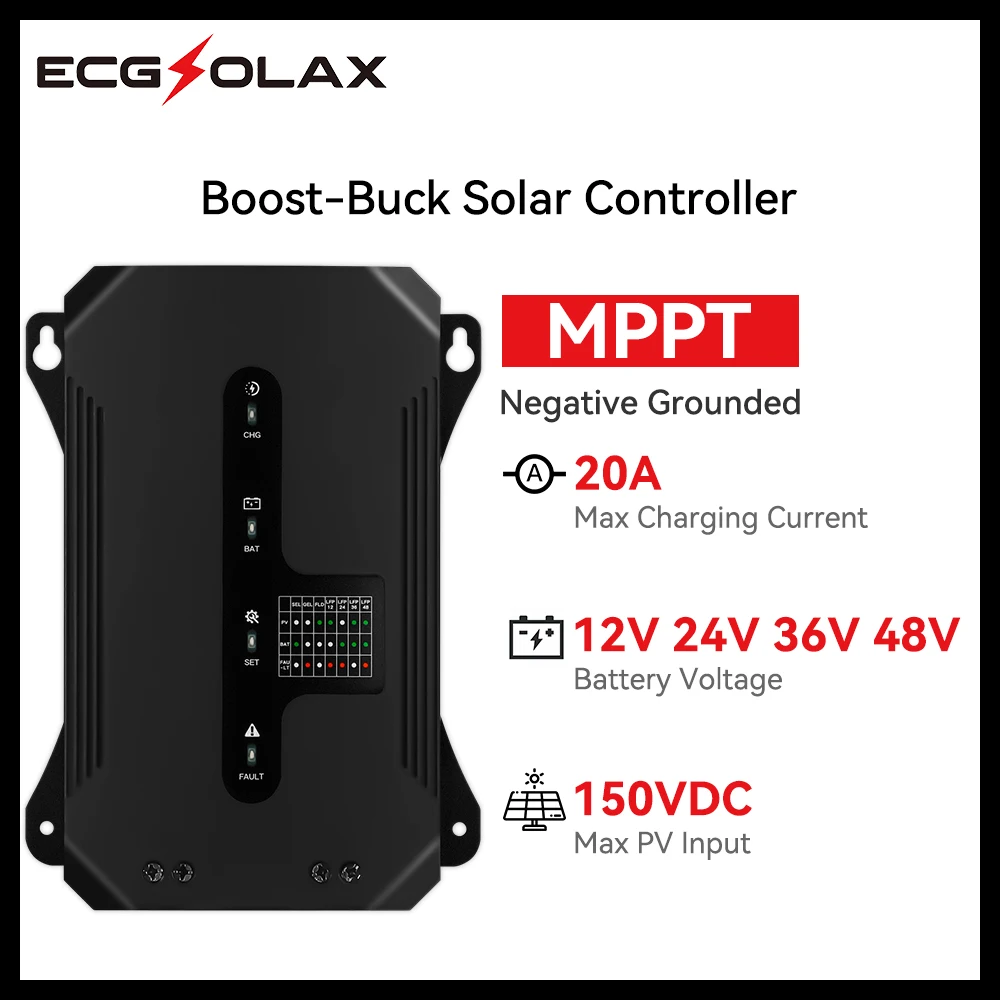 

ECGSOLAX 20A Boost-Buck MPPT Solar Charge Controller 12V 24V 36V 48V Auto Battery Solar Regulator Max PV 150V Boost Controller