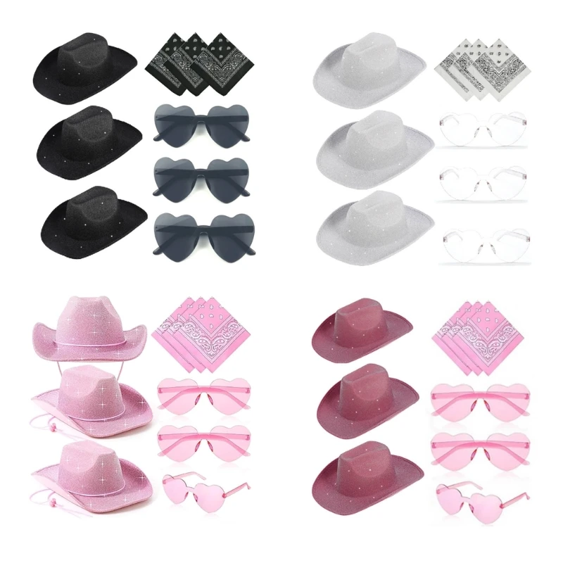 

652F 3PCS Multiple Color Cowboy Hat+Heart Sunglasses+Kerchief Adult Outdoor Camping Hat Heart Sunglasses Kerchief Set