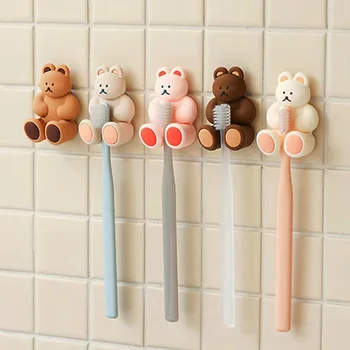 만화 곰 실리콘 칫솔 거치대, 벽걸이 흡입 컵, 다기능 보관 랙 후크, 욕실 액세서리, 1 개
