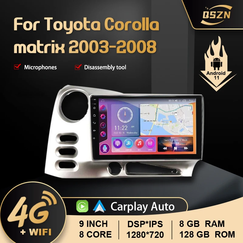 

9 INCH Android 11 8+128G For Toyota Corolla Matrix 2003-2008 Car Video Multimedia Player DSP GPS Radio Stereo Navi Carplay+Auto