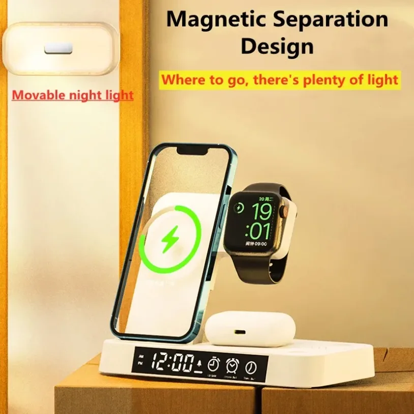 30W 3 In 1 Fast Charging Station Wireless Charger Stand Pad Alarm Clock Night Light Dock for iPhone Samsung Galaxy Watch IWatch
