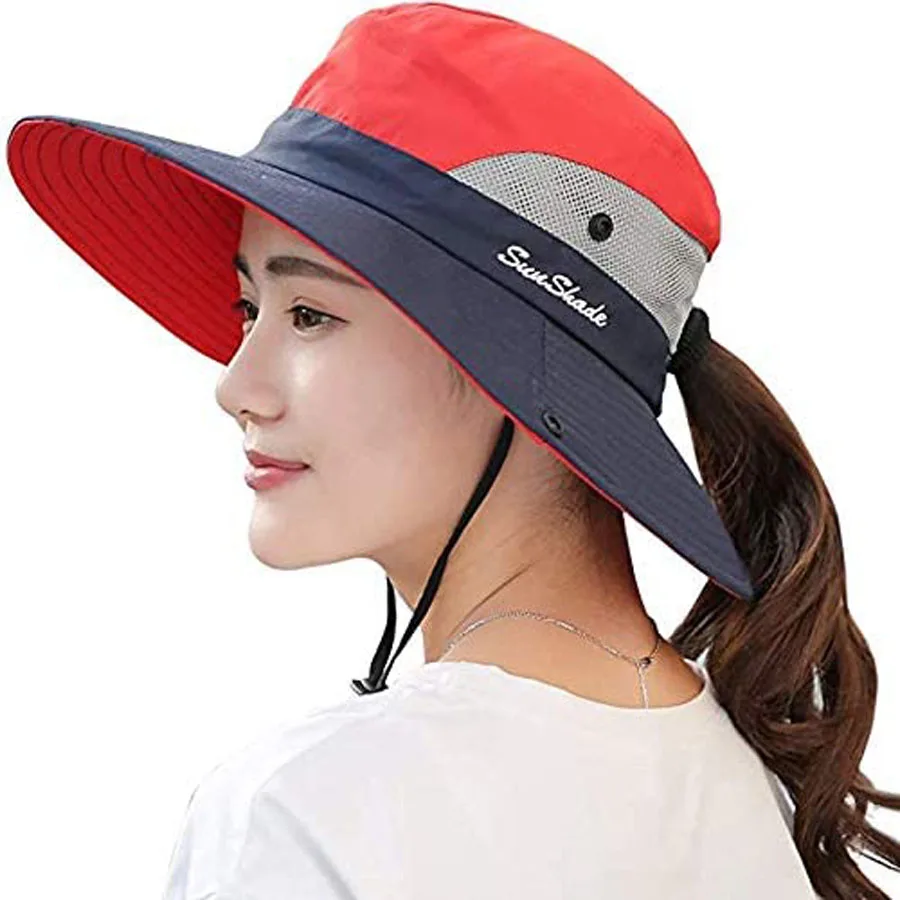 Cappello da pesca colorblock a tesa larga in rete pieghevole regolabile con protezione solare UV a coda di cavallo da donna 1 pezzo_voghion.com