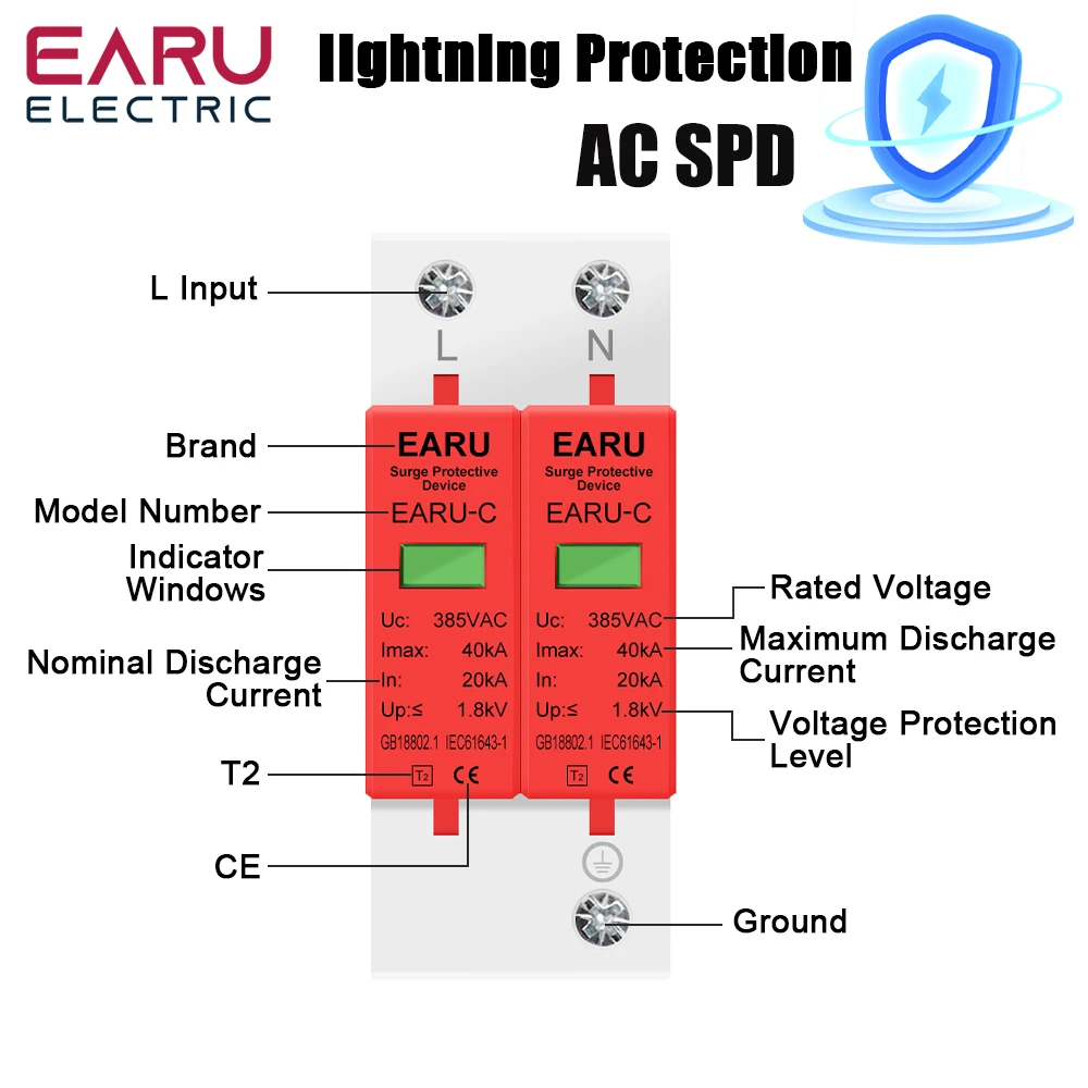 Power Surge Protective Device SPD Arrester Low Voltage House 1/2/3/4 Pole Surge Voltage Protection DC 500V 800V 1000V 40KA 60KA