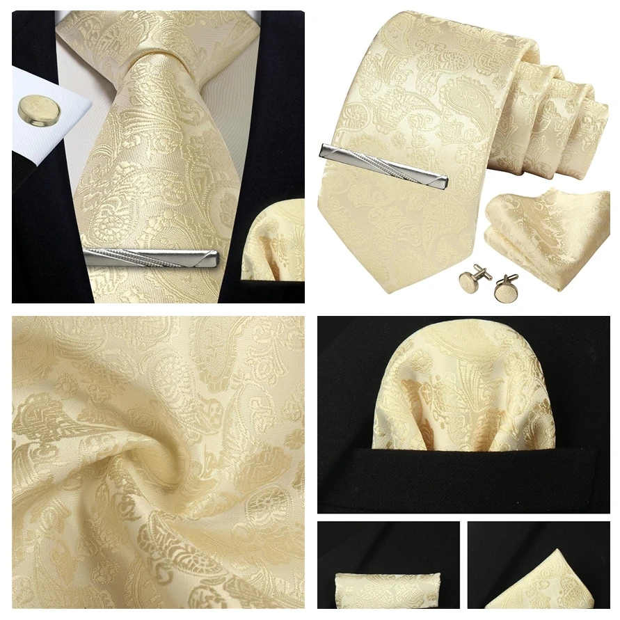 Herren Gold schwarz Paisley Seide Krawatte für Männer Luxus Geschenk klassische Krawatte Taschentuch Manschetten knöpfe Krawatten klammer Set formale Hochzeit Accessoires – Detail 5
