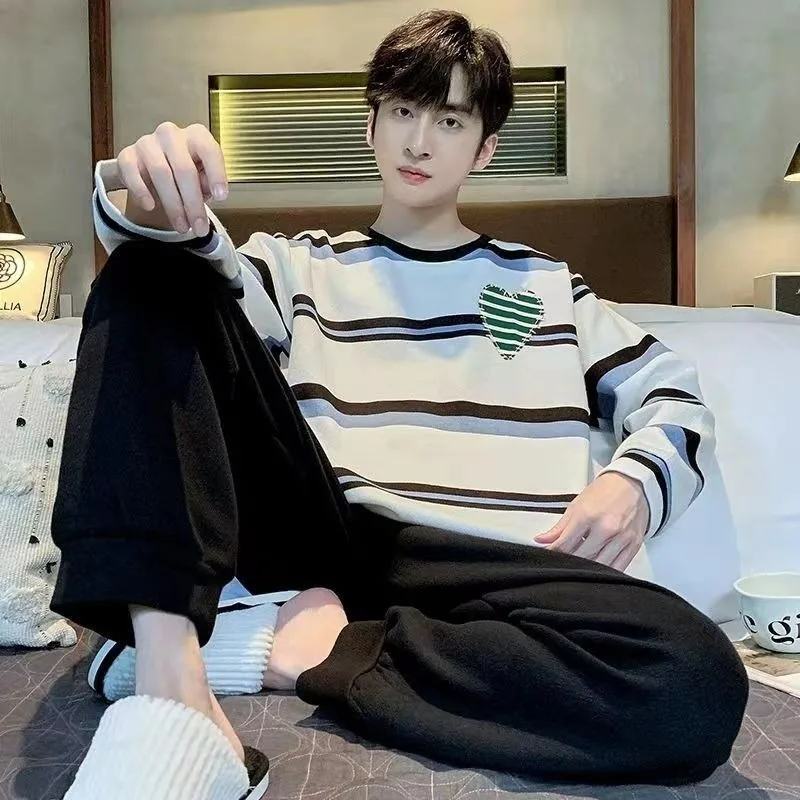 Men Pajamas Spring Autumn Cotton Long Sleeve Youth Large Size Nightclothes Male Round Collar Casual Simple Homewear Suit 2024