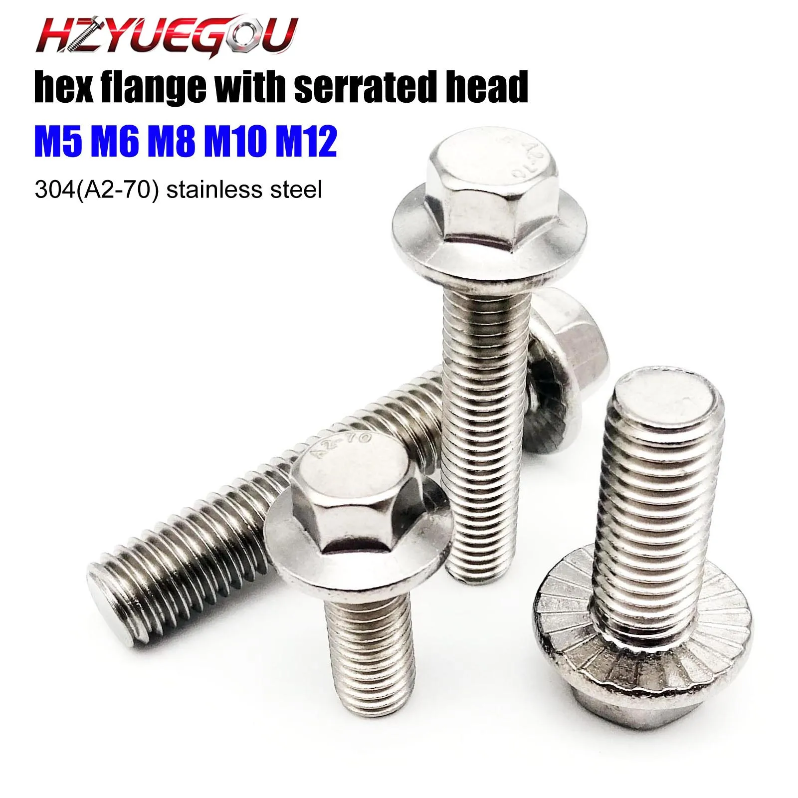 HZYUEGOU M5 M6 M8 M10 M12 A2-70 304 Edelstahl GB5787 Sechskantkopfschraube mit gezahntem Flansch und Sechskant-Unterlegscheibenkopf