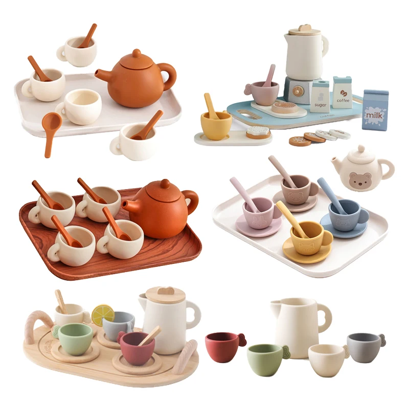 Kids Montessori Afternoon Tea Set Baby Teething Toy BPA Free Silicone Teapot and Teacups Role-Playing Kitchen Toy Baby Toy Gift