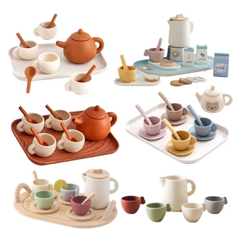 Kids Montessori Afternoon Tea Set Baby Teething Toy BPA Free Silicone Teapot and Teacups Role-Playing Kitchen Toy Baby Toy Gift