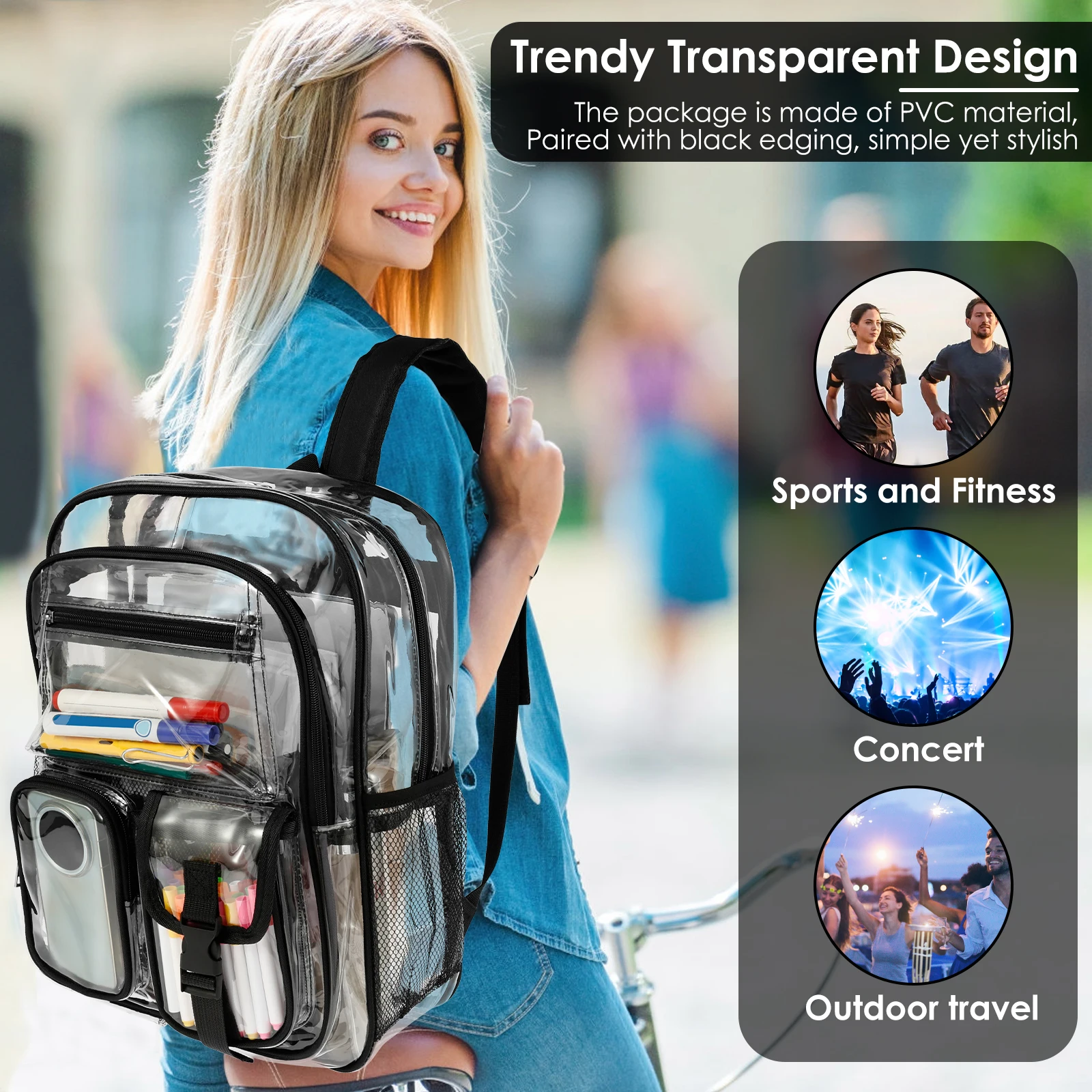 Clear Backpack PVC Multi Pockets See Through Backpack with Widened Straps Large Capacity Fashion Sports Backpack for Students