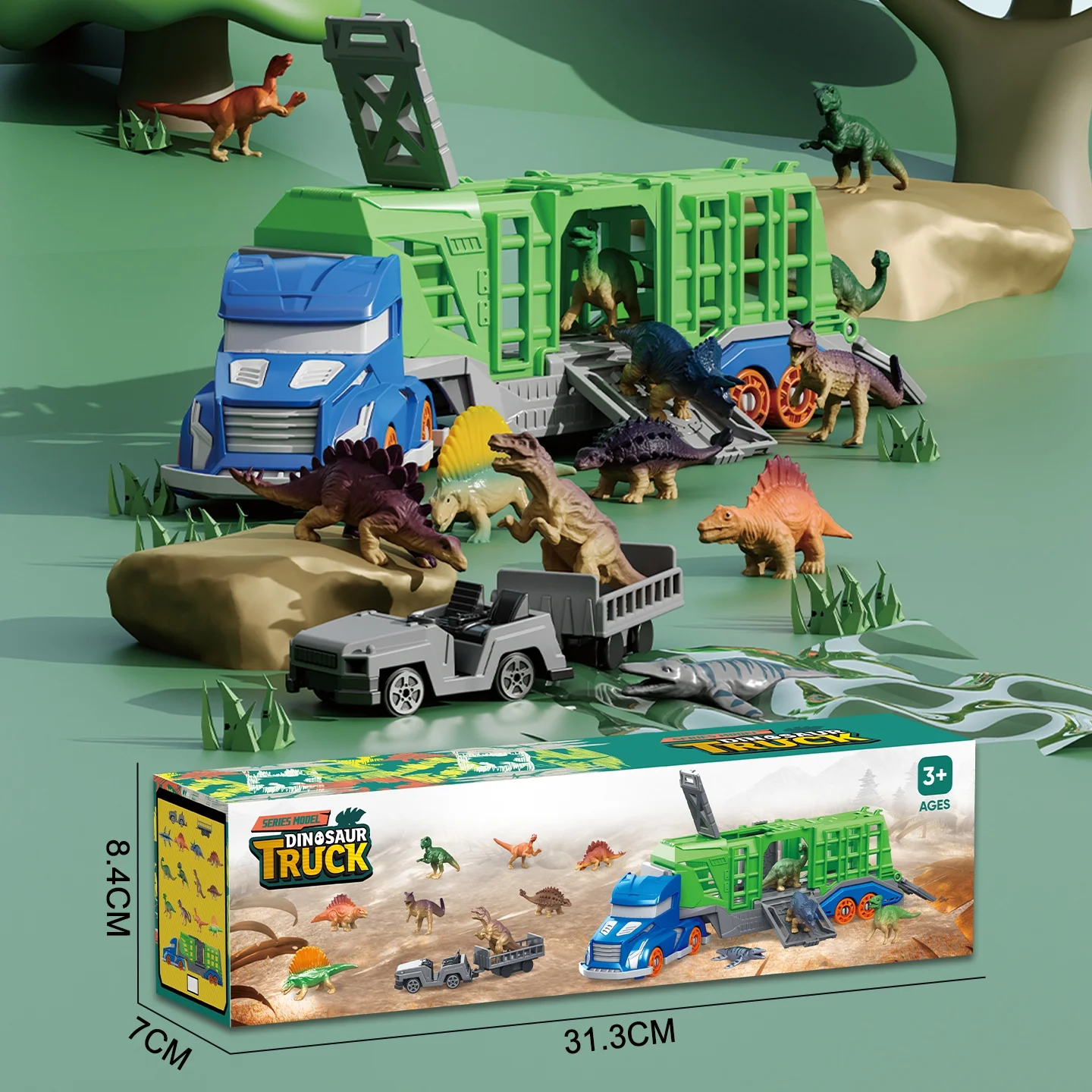 Dinosaur Animal Transport Vehicle Toy Set Includes 1 Transport Vehicle, 12 Dinosaurs or Animals, 2 Small Transfer Vehicles. the Transport Vehicle Features a Rotating Cab and 4 Doors That Can Be Opened - 4