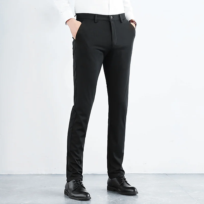 England Style Fashion Simple Elegant High Elastic Pants Men Solid Zipper Pocket Button Spring Straight Ice Silk Casual Trousers