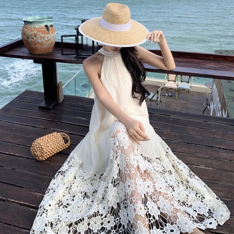 

Платье женское кружевное Персиковое в стиле пэчворк, элегантное облегающее праздничное платье без рукавов, с лямкой на шее и вырезом лодочкой